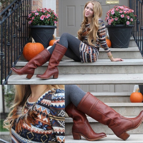 Frye Jane Stitch Leather Heeled Knee High Boots - Picture 4 of 16